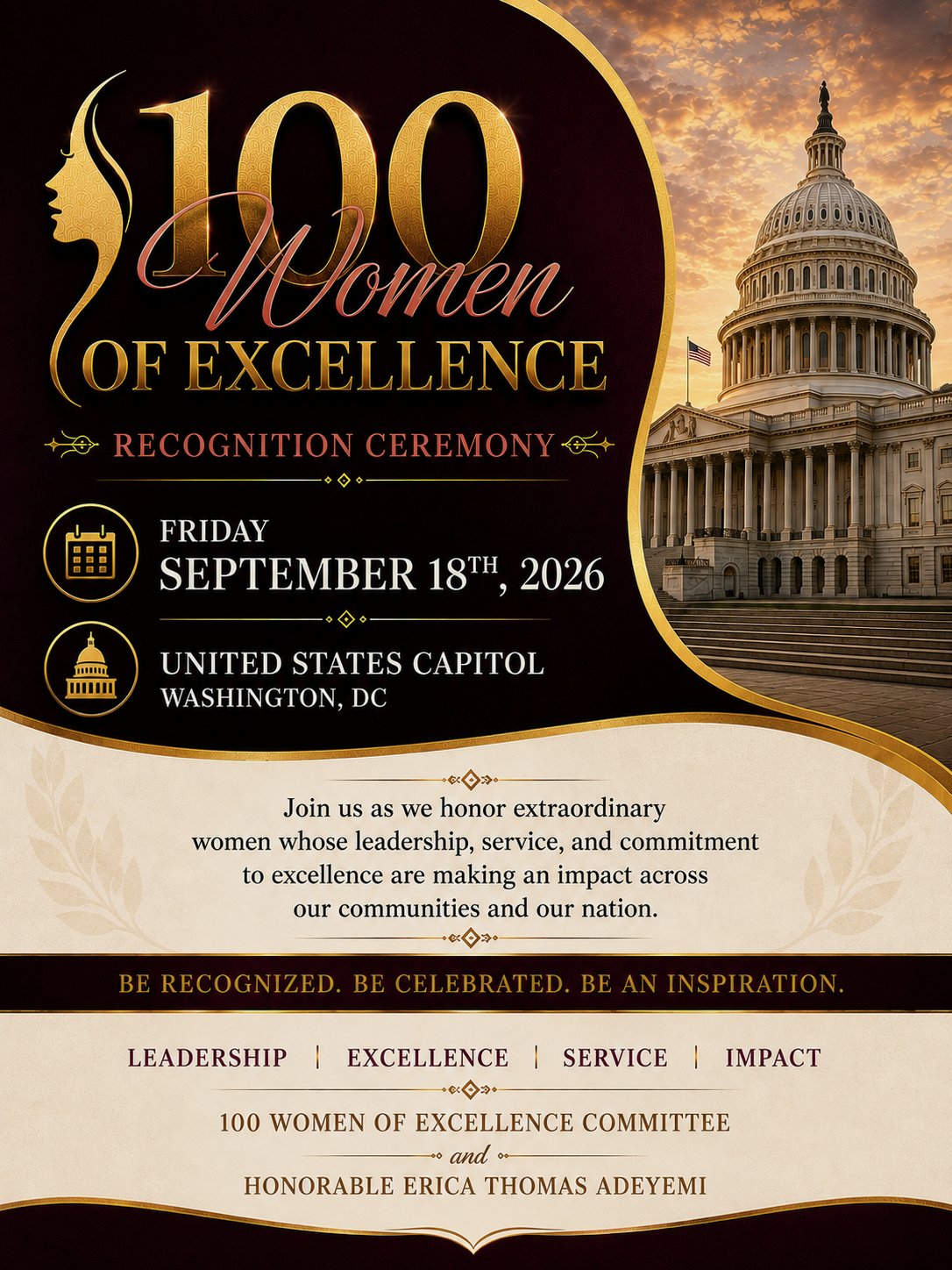 100 Women of Excellence Recognition Ceremony, Friday September 18th 2026, United States Capitol, Washington DC